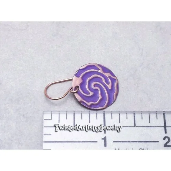 Purple Enameled Copper Swirl Disk Artisan Earrings One-Of-A-Kind Handmade - Picture 4 of 4